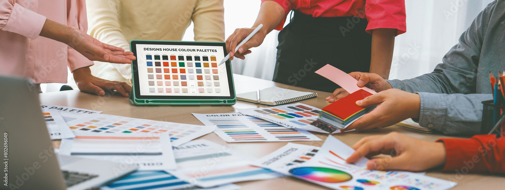 Poster a portrait of creativity graphic designer team select appropriate color for the project by using lap