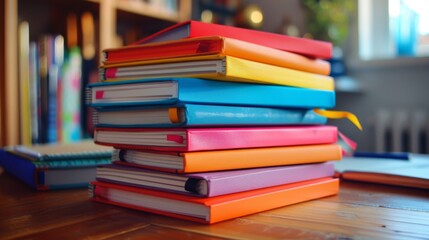 Organizational Tools A stack of colorful notebooks and planners, essential for keeping life on track