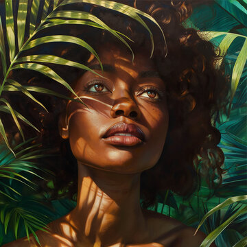 Una chica africana rodeada de hojas, con una expresi&oacute;n firme y determinada