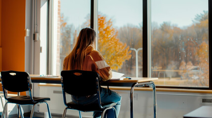 woman sitting alone in classroom looking outside window autumn