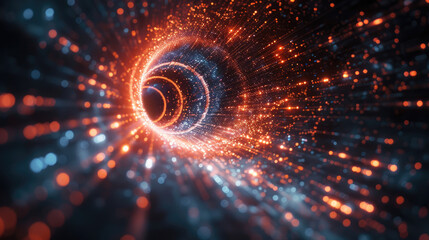 Obraz premium Abstract tunnel dark background with dark blue and orange micro particles