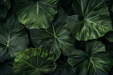 Fototapeta premium Abstract texture of green leaves against a dark nature background