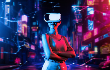 Female stand in virtual reality cyberpunk style building wear VR headset connect metaverse, future...