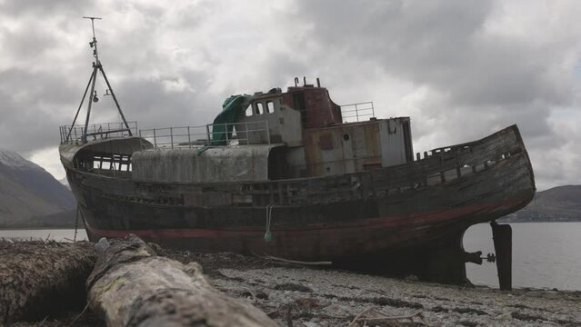 Low angle shot of the Corpach Shipwreck on the shores of Fort William, Scotland