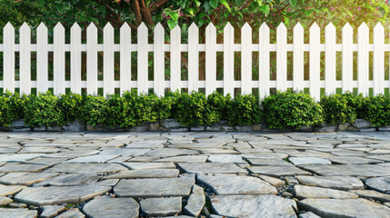 White fence with green bushes on either side in front of a brick walkway