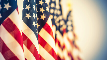 row of American flags pattern closeup blurred background