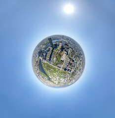 Yekaterinburg city with Buildings of Regional Government and Parliament, Dramatic Theatre, Iset Tower, Yeltsin Center, Aerial View. Little planet sphere mode