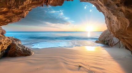 Beautiful sandy beach with a large rock cave on sunset