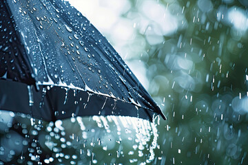 Close-up of an open black umbrella in the heavy rain in summer day