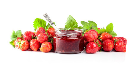 Strawberry jam and fresh berries are isolated on a white background.