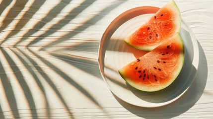 Top view of slices of watermelon on the plate on the wooden table with a shadow of a palm branch