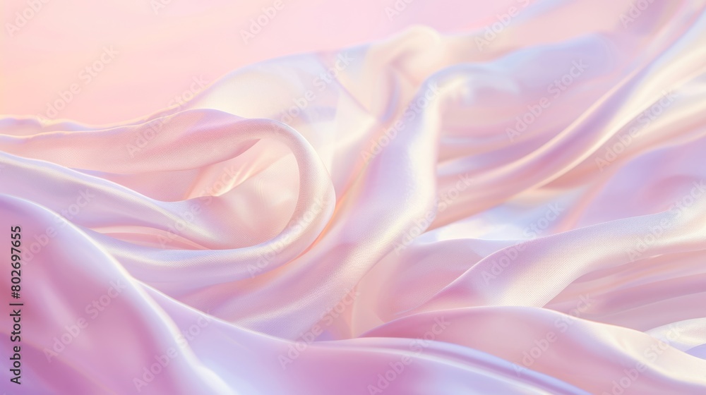 Poster close-up view of satin fabric in elegant waves with a soft pink and white gradient background.