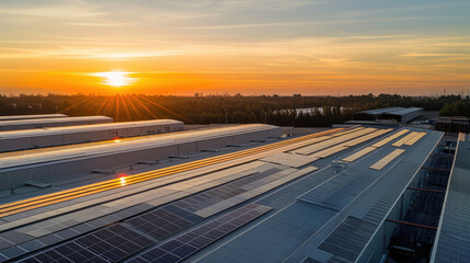 stateoftheart manufacturing facility bathed in the golden light of dawn Solar panels cover the vast roofs