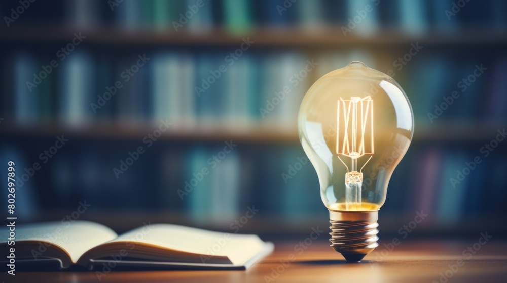 Poster a concept image of a glowing lightbulb above an open book on a library desk, symbolizing idea and in