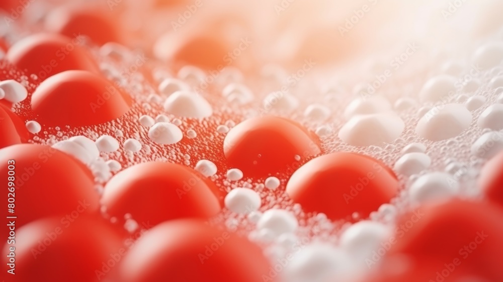 Poster close-up view of vibrant red spheres interspersed with tiny white bubbles, creating an abstract text