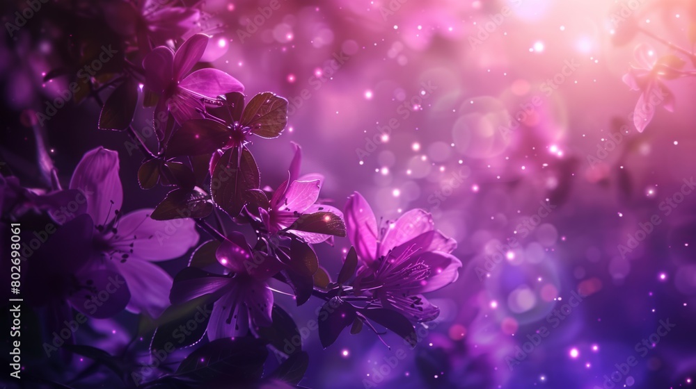 Poster a mystical display of purple flowers illuminated by magical light and sparkling particles, creating 
