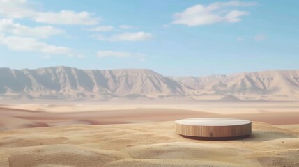 Minimalist wooden podium in a vast desert landscape under a clear sky, ideal for product display.