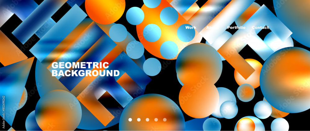 Poster a vibrant and liquidlike geometric pattern in electric blue, orange circles, and arrows on a black b