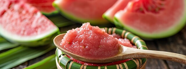 a Close-up of a spoon with watermelon jam in a bamboo basket