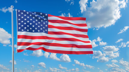 American flag waving under blue sky with clouds