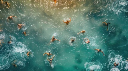 Aerial Drone View of People Swimming in Cold Water in the Winter, Epiphany Christian Holiday, Varna, Bulgaria. - obrazy, fototapety, plakaty
