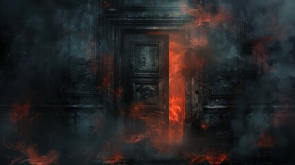 A dark, foreboding door resembling a hell gate, engulfed in thick smoke and flames, creating a terrifying entrance to the unknown