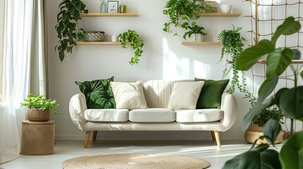 A white couch with green pillows sits in front of a window with plants