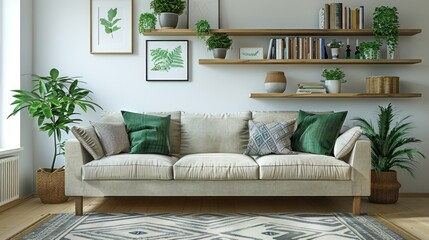 A living room with a white couch and green pillows
