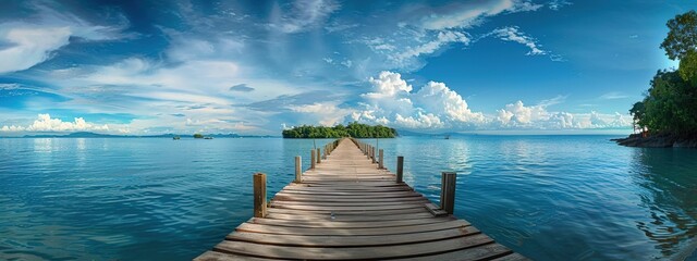 Stunning panorama of the island with clear water and wooden bridge leading to the beach