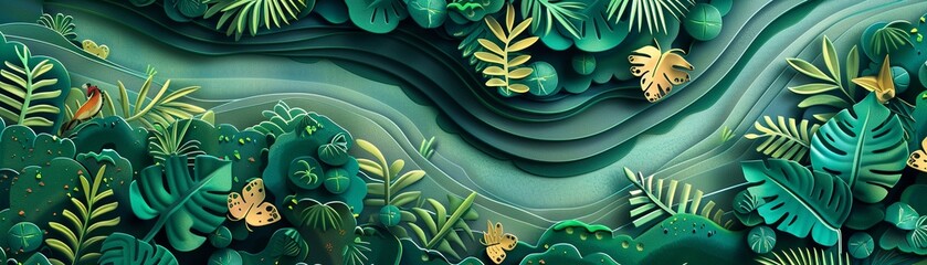 Craft a dynamic die-cut illustration highlighting the topography of a dense jungle, with detailed paths revealing various trekking routes Incorporate unique flora and fauna elements
