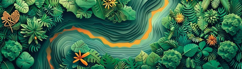 Craft a dynamic die-cut illustration highlighting the topography of a dense jungle, with detailed paths revealing various trekking routes Incorporate unique flora and fauna elements 
