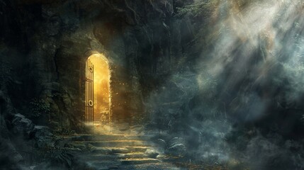A foreboding open door casts light on a ring gate amidst a smoke-filled dungeon, with a forest hut hidden in dark, misty surroundings, invoking fear