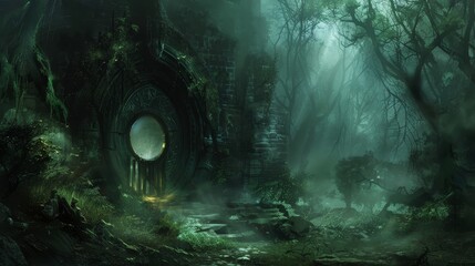 A foreboding open door casts light on a ring gate amidst a smoke-filled dungeon, with a forest hut hidden in dark, misty surroundings, invoking fear