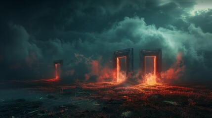 A haunting open field at night featuring gates to both heaven and hell, enveloped in smoke and darkness, with fiery red doors glowing amidst the gloom
