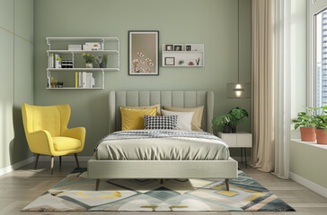 A modern bedroom with light blue walls, white wooden floors and a green geometric patterned carpet on the floor. The room has an elegant bed with soft pillows in yellow and grey colors