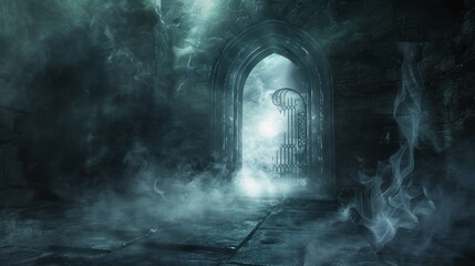 A mysterious scene with light shining from an opened door set in a dungeon, surrounded by hellish smoke and a ring gate, eerie mist and cobwebs