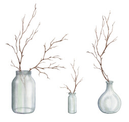 Watercolor illustration set of fall tree branch without leaves. Brown dry straight twig in glass vase and jar. Hand drawn illustration isolated on a white background. Minimalist style wabi-sabi.