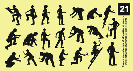 twenty one collection of silhouettes of roofers and construction illustration vector elements