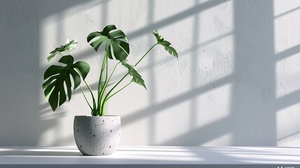 3d render of monstera plant in grey pot on white table with window shadow