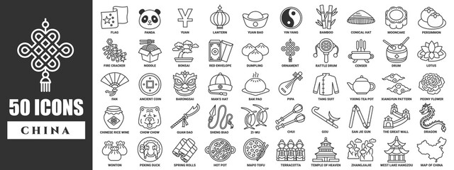 50 China icon collection in line style with name in every icon