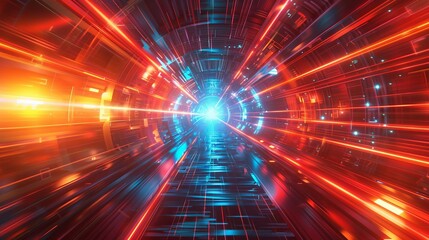 A generative AI illustration depicting a journey through the door of the future at the speed of light. The scene is set against a backdrop of sci-fi, cyberpunk elements
