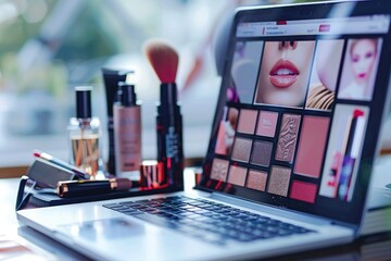 A laptop screen displaying an online store's shopping cart filled with various makeup products.
