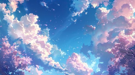 Anime style of pink cloud patterns in the blue sky