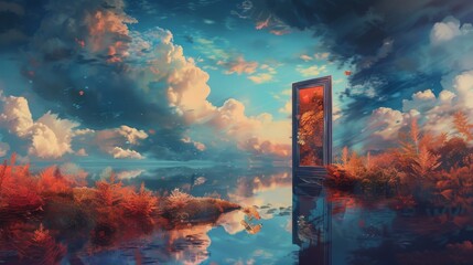 A mystical door opens to a dreamy landscape with floating clouds, a reflective lake, and vibrant coral accents, creating a warm and inviting scene