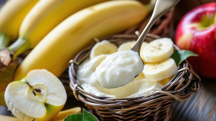 Close up of a spoon full of yogurt and fresh bananas and apples on a wooden table - Powered by Adobe