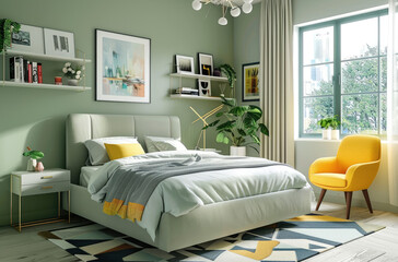 A modern bedroom with light blue walls, white wooden floors and a green geometric patterned carpet on the floor. The room has an elegant bed with soft pillows in yellow and grey colors