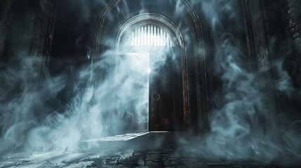 A sinister light shines from an open door, illuminating a dungeon entwined in smoke and cobwebs, with a ring gate emerging from the darkness