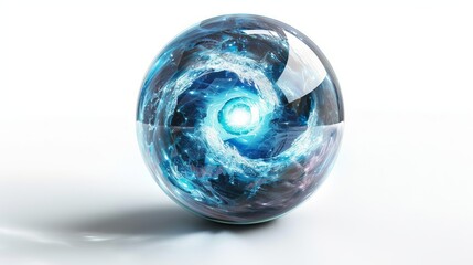 Dynamic 3D digital artwork featuring a transparent glass sphere against a white background. Inside the sphere, a portal reveals a mesmerizing blue universe