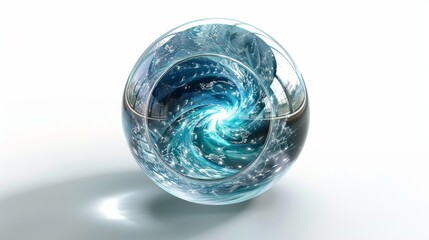 Dynamic 3D digital artwork featuring a transparent glass sphere against a white background. Inside the sphere, a portal reveals a mesmerizing blue universe