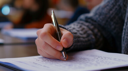 The hand of a student writing on paper with a pen during an exam at school, in a closeup shot. Blurred background. 
